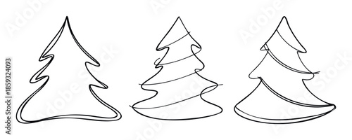 Stylized evergreen tree shapes depicted with smooth continuous lines, offering versatile graphic assets for holiday celebrations, winter themes, or festive season branding projects.