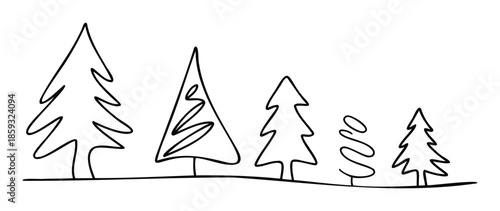 Continuous line drawing of five stylized evergreen trees representing natural growth and unity, suitable for modern graphic projects, educational materials, or decorative prints.