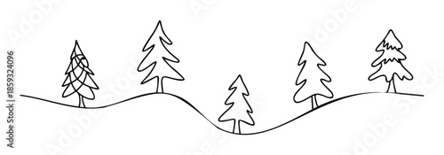 Simple hand drawn forest landscape with various evergreen trees on rolling hills perfect for winter holiday graphics or nature inspired seasonal decor