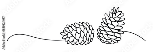 Elegant continuous line art graphic depicting two natural pinecones with a connecting subtle curve ideal for winter holiday marketing materials, natural product packaging, or clean