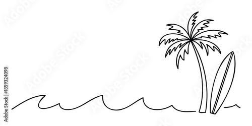 Simple black outline drawing illustrating a tropical palm tree with a surfboard and ocean waves, perfect for summer vacation, beach holiday, or surfthemed travel advertising.