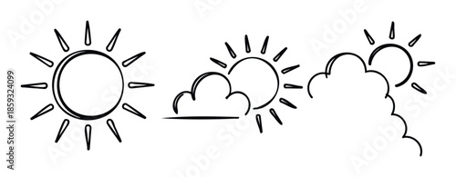 Hand drawn doodle weather forecast symbols showing sunny partially cloudy and overcast sky conditions for climate reports educational materials or simple graphic overlays