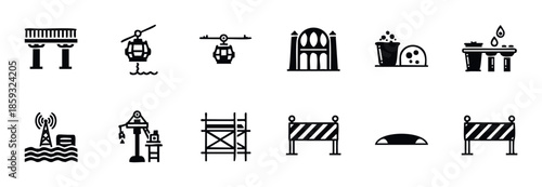 Comprehensive collection of modern infrastructure, industrial equipment, and transportation silhouette icons perfect for engineering diagrams, urban planning projects, and architectural