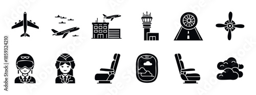 Professional glyph icon set representing aviation and air travel concepts for modern flight applications, travel agency websites, and airport facility management systems.