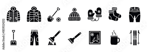 Winter essentials collection showcasing warm clothing, snow equipment, outdoor tools, and cozy accessories, ideal for seasonal marketing, product displays, and informational content creation