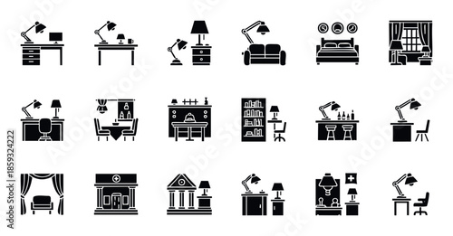 Collection of interior and furniture icons showcasing various home and office room settings including desks, beds, dining tables, and lighting, ideal for architectural and lifestyle design