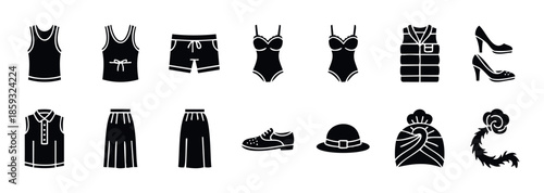 Diverse collection of black silhouette apparel icons and garment symbols representing various clothing types for women including shirts, shorts, skirts, swimwear, and accessories ideal for
