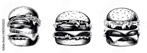 Sketched style hamburgers with multiple layers of fresh ingredients ideal for fast food promotions restaurant menus and culinary blog graphics