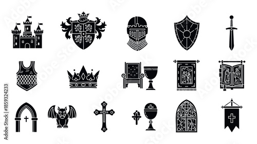 A comprehensive collection of medieval historical and religious solid black silhouette icons perfectly suited for historical themed digital projects, educational presentations, and graphic
