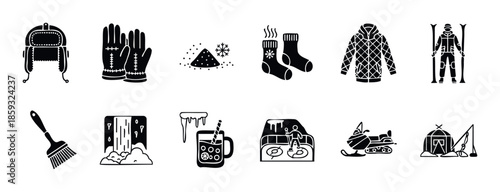 Winter themed icons depicting cold weather clothing like hats, gloves, and jackets, plus outdoor activities such as skiing, ice skating, snowmobiling, and ice fishing.