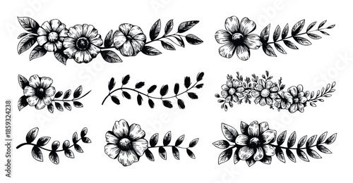 Hand drawn black and white floral and botanical decorative elements perfect for enhancing wedding invitations, greeting cards, and various graphic design projects