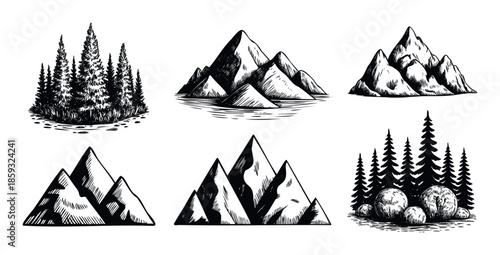 Handdrawn set of rugged mountain peaks and evergreen pine trees perfect for outdoor adventure logos wilderness exploration emblems or travel camping badges