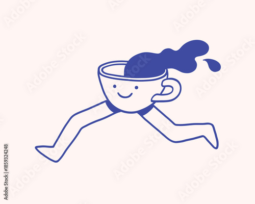 Concept character of running coffee mug, cup with legs. Coffee illustration or icon. Cafe and coffeeshop design. Modern minimalist flat vector art. Perfect for coffee stores, prints.