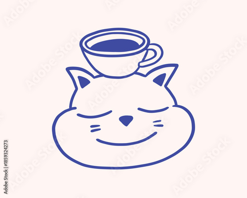 Concept character of cat head with cup of coffee on it, caffeine addicted character. Coffee illustration or icon. Cafe and coffeeshop design. Modern minimalist flat vector art. For coffee store, print