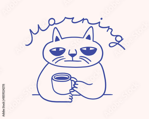 Concept character of tired cat with coffee, caffeine addicted character. Morning lettering. Coffee illustration or icon. Cafe and coffeeshop design. Modern minimalist flat vector art. For coffee store