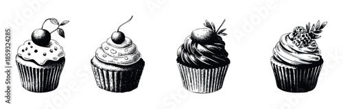 Classic hand drawn dessert collection featuring various decorated cupcakes, perfect for menu designs, bakery promotions, or food blog illustrations
