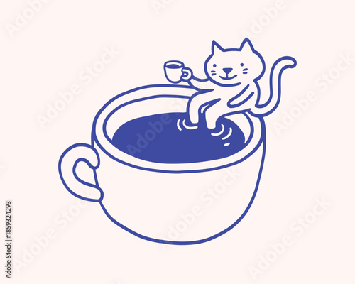 Concept character of cat, sitting on coffee cup, drinking coffee, caffeine addicted character. Coffee illustration or icon. Cafe and coffeeshop design. Modern minimalist flat vector art.
