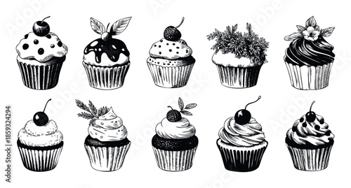 Black and white line drawing depicting a delicious assortment of decorated cupcakes featuring various toppings and frosting styles ideal for bakery menus dessert shop branding or