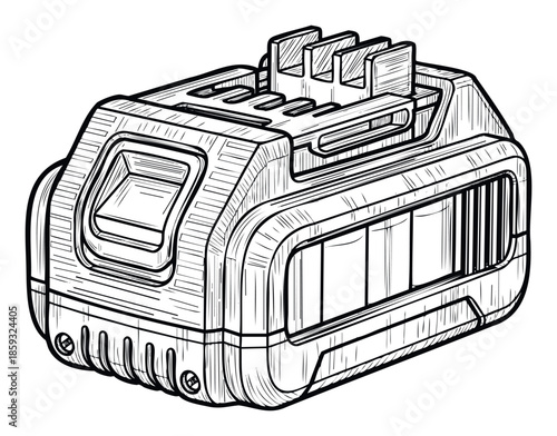 Highly detailed technical drawing of a rechargeable cordless power tool battery pack, perfect for workshop manuals, energy publications, or engineering documentation
