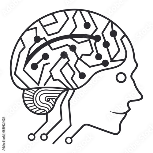 Vector line art icon of a digital wallet with money and circuit board elements for fintech and cryptocurrency