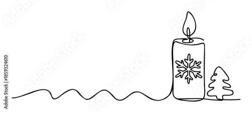 Minimalist one line drawing of a burning candle decorated with a snowflake and a small Christmas tree for elegant winter holiday greetings and seasonal decorative projects