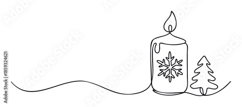 Elegant one line drawing of a warm holiday candle with a snowflake design next to a classic Christmas pine, suitable for seasonal celebrations and winter themed projects.