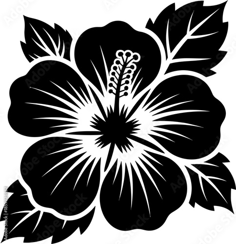 A striking black and white silhouette of a hibiscus flower with leaves