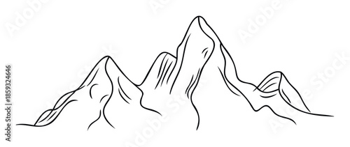 Minimalist line drawing of majestic mountain range peaks perfect for outdoor adventure branding, travel agency logos, or naturethemed graphic design projects and apparel