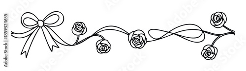 Elegant black outline drawing of a decorative floral border with a charming bow and intricate roses perfect for wedding invitations party decorations or romantic event accents