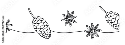 Decorative border featuring hand drawn pine cones and star anise for seasonal designs, holiday greeting decorations, and festive event graphics