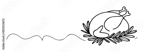 Continuous line drawing of a roasted chicken or turkey on herbs, perfect for holiday celebration invitations, restaurant menus, or food related branding and web layouts