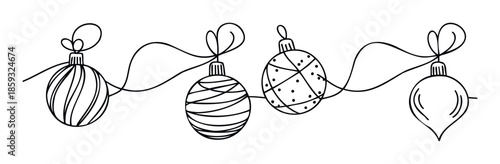 Festive line of handdrawn Christmas ornaments hanging on a string, perfect for holiday greeting graphics, seasonal event invitations, and winter marketing materials.