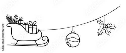 Line drawing of a Christmas sleigh filled with gifts and pine branches, connected to a hanging bauble and holly, ideal for winter holiday promotion and seasonal greeting designs.