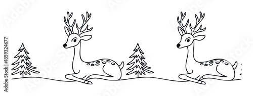 Cute stylized deer with prominent antlers resting in a snowy winter landscape with fir trees, perfect for childrens books, holiday greetings, or seasonal decorations