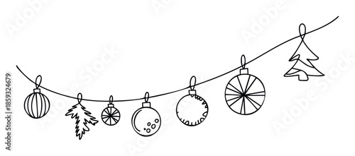 A charming holiday garland featuring diverse Christmas tree ornaments and decorative fir tree shapes hanging from a string, ideal for seasonal greetings and winter celebration projects.