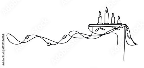 Continuous line artwork of burning candles on a small stand with a flowing light strand, symbolizing warmth and celebration, suitable for festive season marketing and event promotion