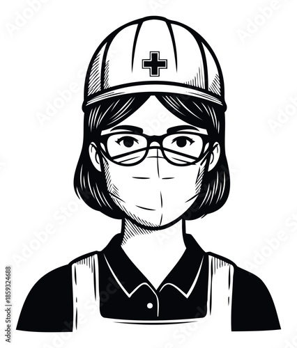 A dedicated female healthcare worker wearing a protective face mask, glasses, and a hard hat with a medical cross symbol, representing essential service and safety in health environments.