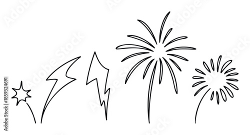 Dynamic line art collection of starbursts lightning bolts and fireworks perfect for adding energetic accents to various graphic projects and celebratory visual content