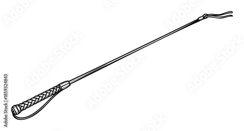 Sleek equestrian riding crop featuring a braided handle and flexible shaft, perfect for illustrating horse riding equipment and training accessories in sport publications