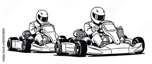 Professional go kart racers wearing helmets and racing suits compete on a track, perfect for sports event promotions, automotive industry branding, and racing championship announcements.