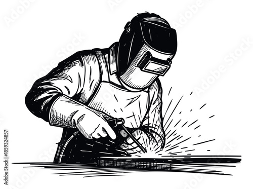 Professional welder performing essential metal fabrication with glowing sparks, perfect for industrial work safety materials or construction service advertisements