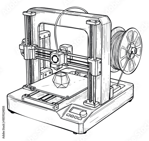 Industrial 3D printer creating a geometric object on its build plate, depicted in a technical blueprint line drawing style, suitable for educational materials or manufacturing technology