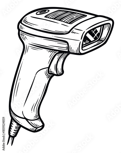 A detailed line drawing of a handheld barcode scanner, perfect for depicting retail technology, inventory management, or point of sale operations in business presentations and digital