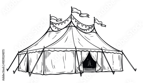 Classic hand drawn black and white illustration of a traditional circus big top tent with festive flags and pennants, perfect for event promotions, festival designs, and family