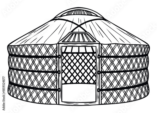 Detailed black line drawing of a traditional Mongolian yurt, perfect for educational materials, cultural heritage projects, and historical site representations.