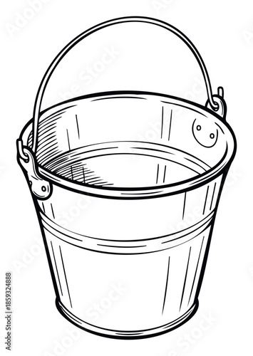 Detailed line drawing of a metal utility bucket with a sturdy handle, ideal for various graphic applications, industrial icons, or farming and gardening related projects.