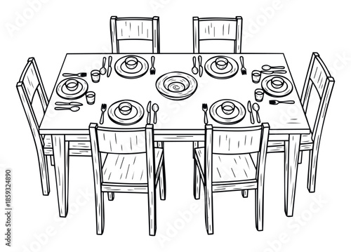 Black and white outline sketch of a rectangular dining table set for eight with chairs and complete place settings, perfect for culinary projects or event planning graphics.