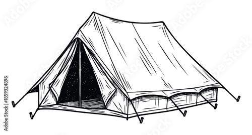 Classic outdoor camping tent drawing perfect for adventure tourism brochures wilderness survival guides or nature exploration activity promotions needing a rustic graphic
