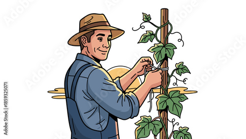 Man pruning vines on a trellis.