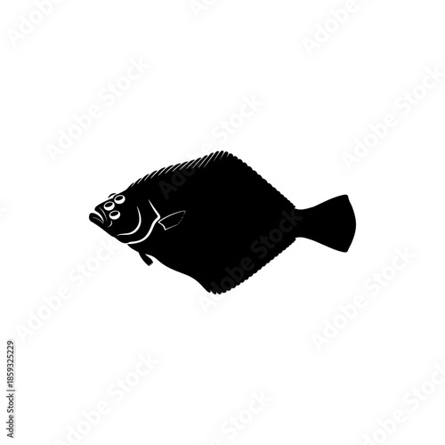 Stylized silhouette of a flatfish, capturing the distinct form of a halibut or flounder, ideal for seafood branding, marine biology illustrations, or ocean-themed graphic designs